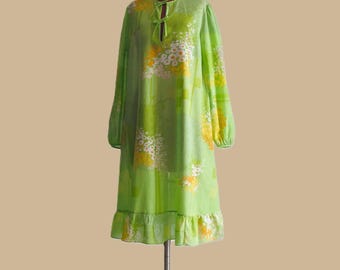 60s Lime Green Cotton Voile Tent Dress with Balloon Sleeves and Ruffle Hem