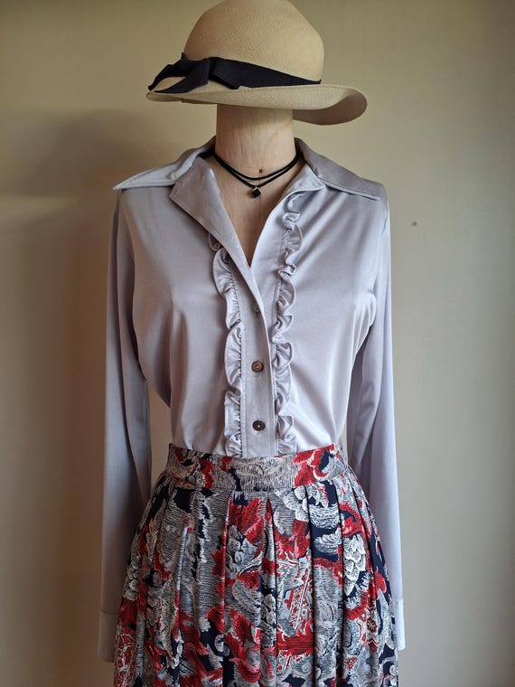 70s Edwardian Romantic Victorian Silky Soft Silvery Gray Ruffle