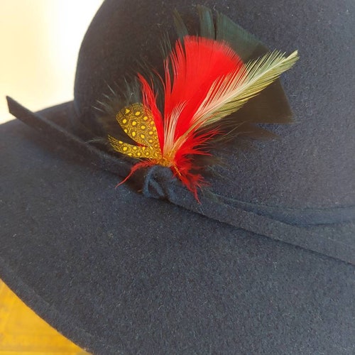 70s navy brimmed floppy felt fedora Edwardian hat with feathers mint shops