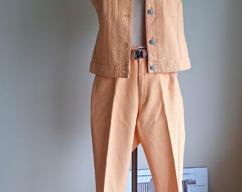Vintage 90s DKNY Peach Cotton Denim Pantsuit – 90s Western Vest Jacket Small Hong Kong