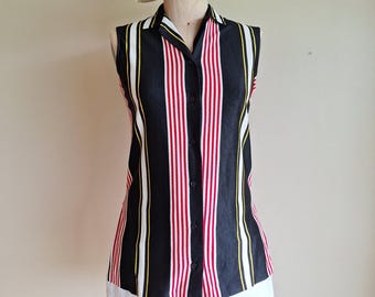Vintage 1950s cabana shirt sleeveless black cream yellow brushed nylon small