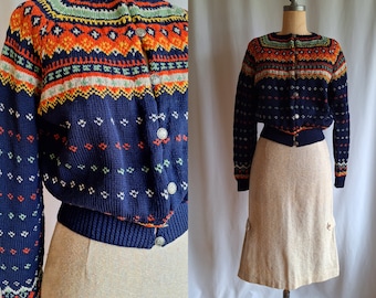 40s era or style vintage Norwegian handknit fairisle cardigan cropped fitted waist small