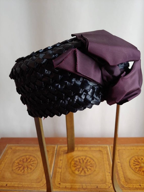 50s 60s navy blue straw pillbox hat tea party plum