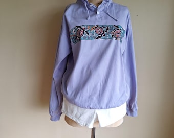 80s 90s Hawaiian Cotton Pullover: Lavender Dye, Turtle Motif, Crazy Shirts Surf Wear