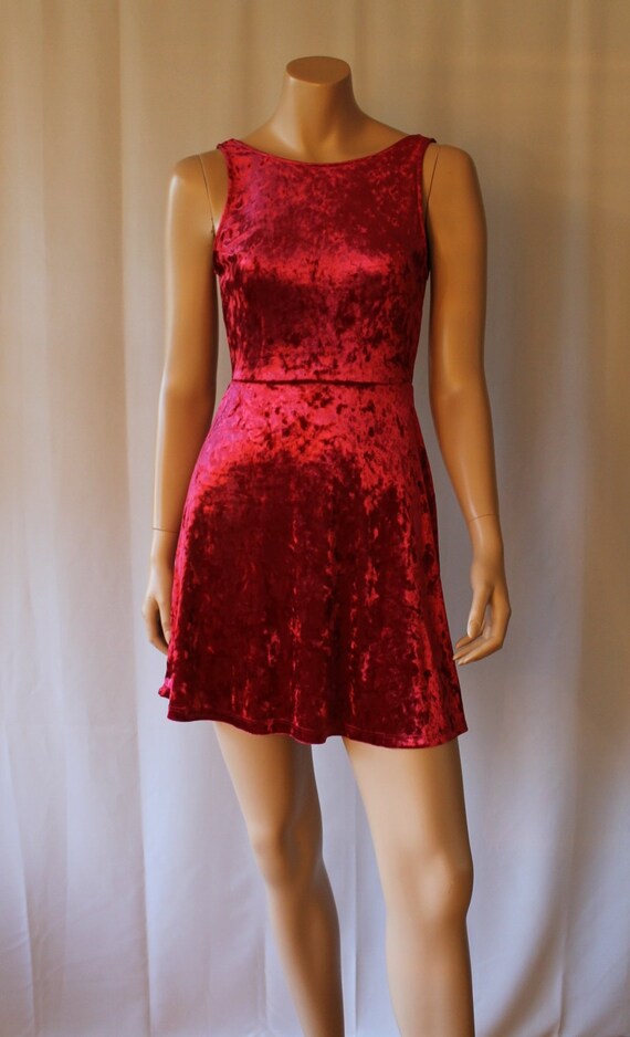 Fuschia Crushed Velvet Skater Dress / 90s Velvet D