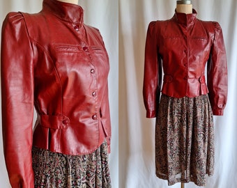 70s vintage Opera burgundy red cropped leather jacket fitted waist small