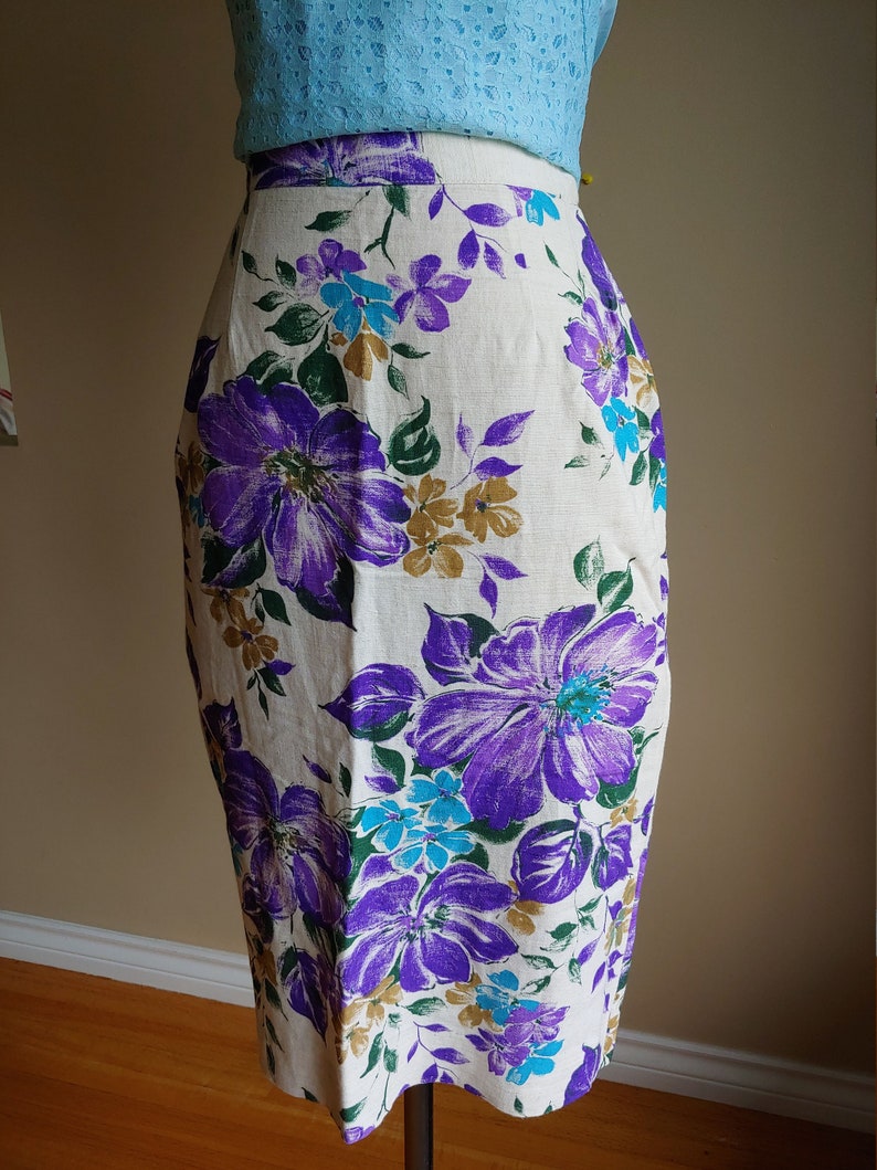 60s Barry Sherrard London Floral Linen Skirt 24-25 inch waist Tropical Hawaiian Clothing 50s Pencil Skirt Pin Up Rockabilly