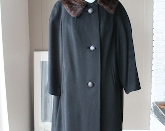 50s 60s Cashmere Coat Mink Collar Black Wool Coat Mint