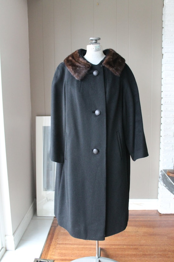 60s JACKIE O Wool Coat Black Coat Mink Collar 50s Cashmere | Etsy