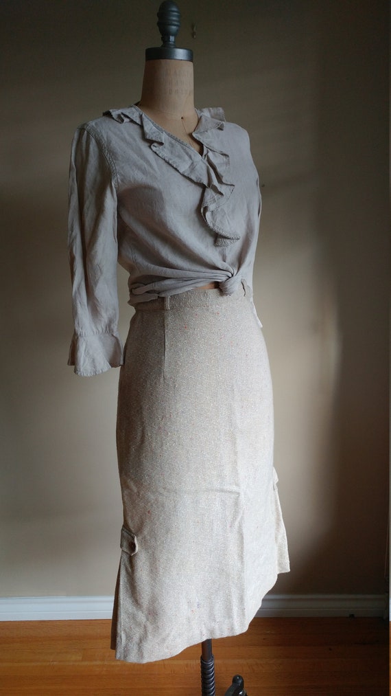 40s 50s Wool Tweed Pencil Skirt Kick Pleat Cream … - image 3