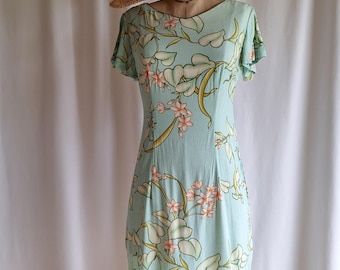 Hawaiian dress Iolani mint green rayon bias hem flutter sleeve made in Hawaii small