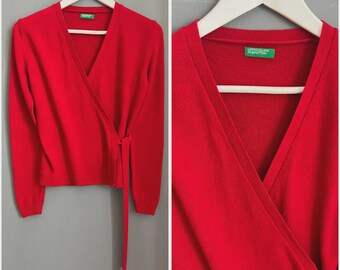 United Colors of Benetton Woolmark Knitted Wrap Cardigan Red V-Neck Sweater small