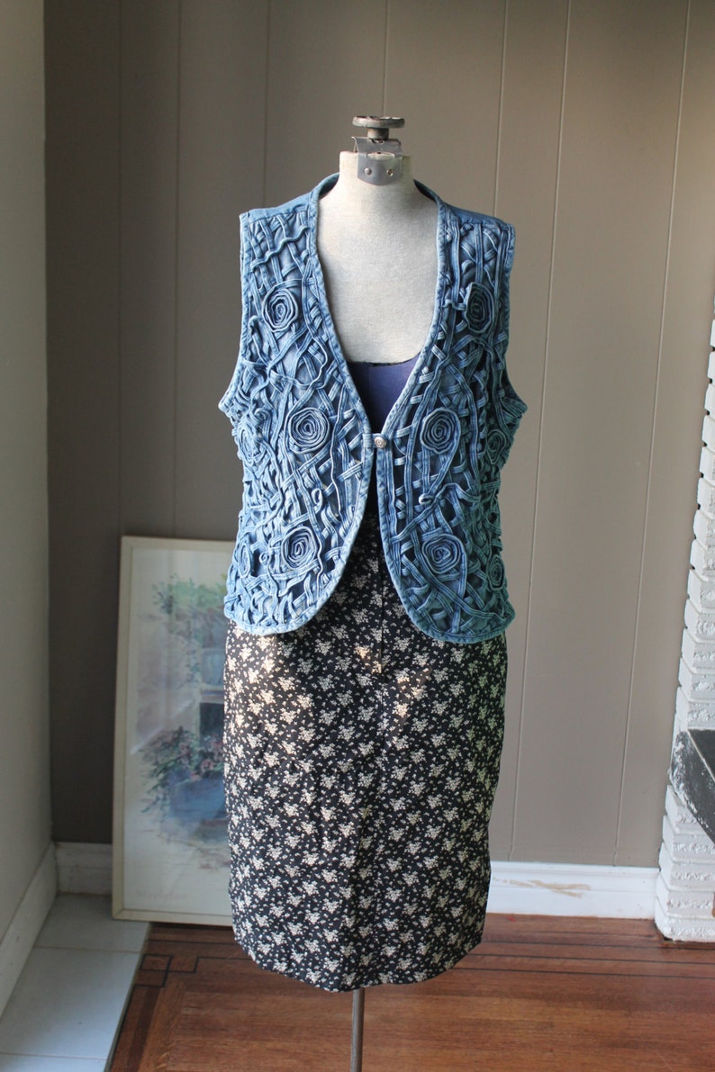 Woven Denim Vest Interlacing denim strips Lace Denim Vest Pewter Button Medium
