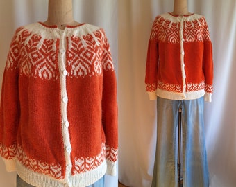 Norwegian folk angora cardigan handknit orange cream medium large