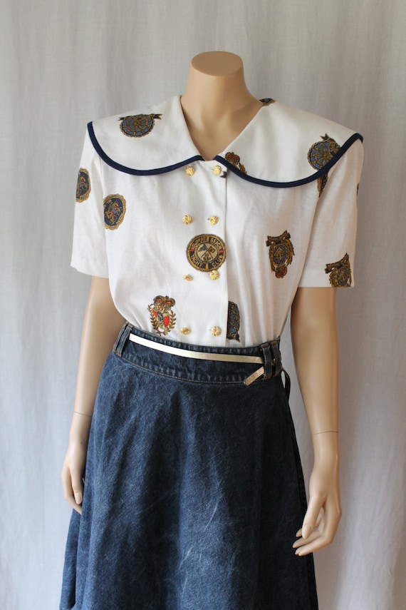 80s Nautical Crest Knit Blouse / Newport Beach Blo