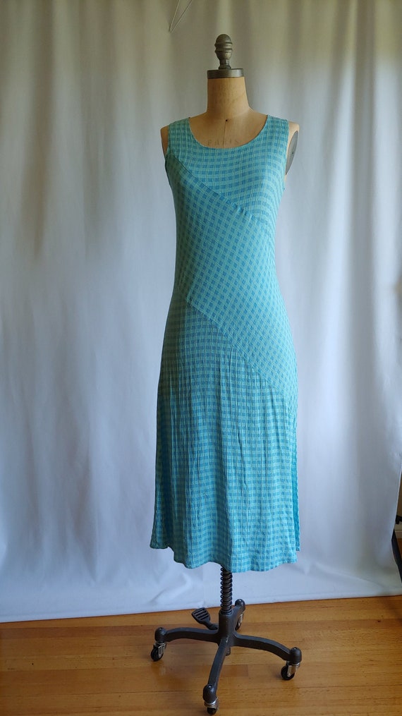 90s Woven Crinkle Rayon Gingham Dress - Aqua Ging