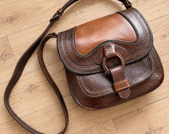 70s Saddle Bag hardbody handcrafted roomy shoulder purse bohemian color block crossbody bag dark brown two tone unused