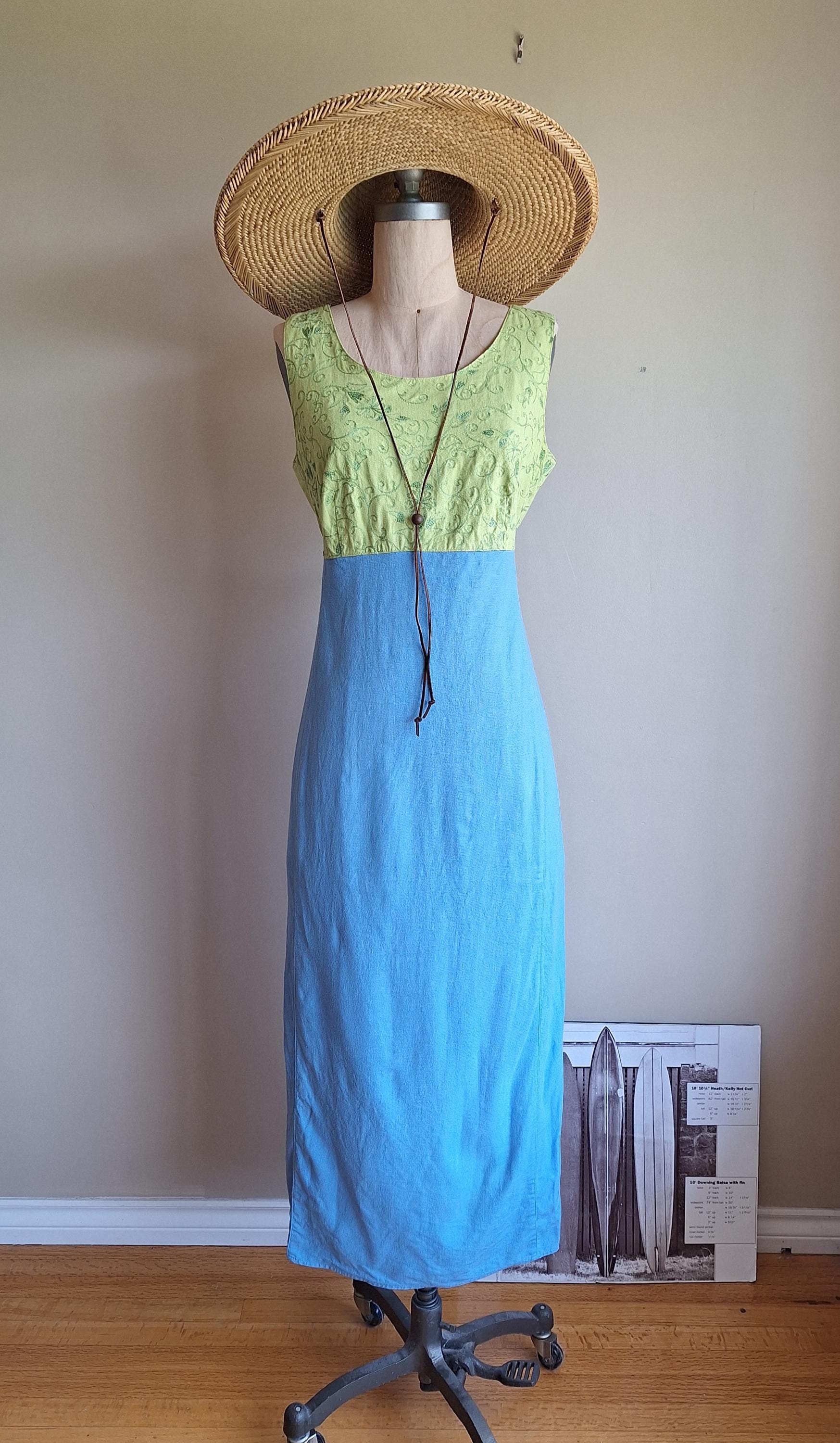 Vintage 1990s Sigrid Olsen linen maxi dress brocade bodice resort wear lime green ocean blue US size 10 medium large Vintage 1990s Sigrid Olsen linen maxi dress brocade bodice resort wear lime green ocean blue US size 10 medium large