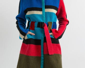 Vintage Louise Della Wollmantel, Color Block Patchwork Design, Frankreich (M / S)
