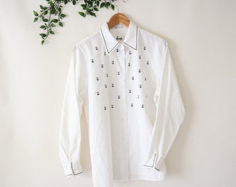 Nautical white cotton button shirt embroidered anchors medium