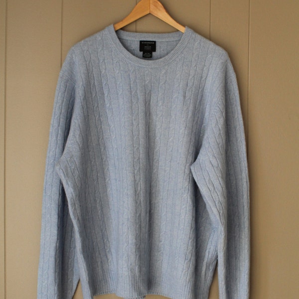 Mens Sky Blue Cashmere Sweater / Preppy Cable Knit Sweater / Crew Neck Cashmere Sweater XL