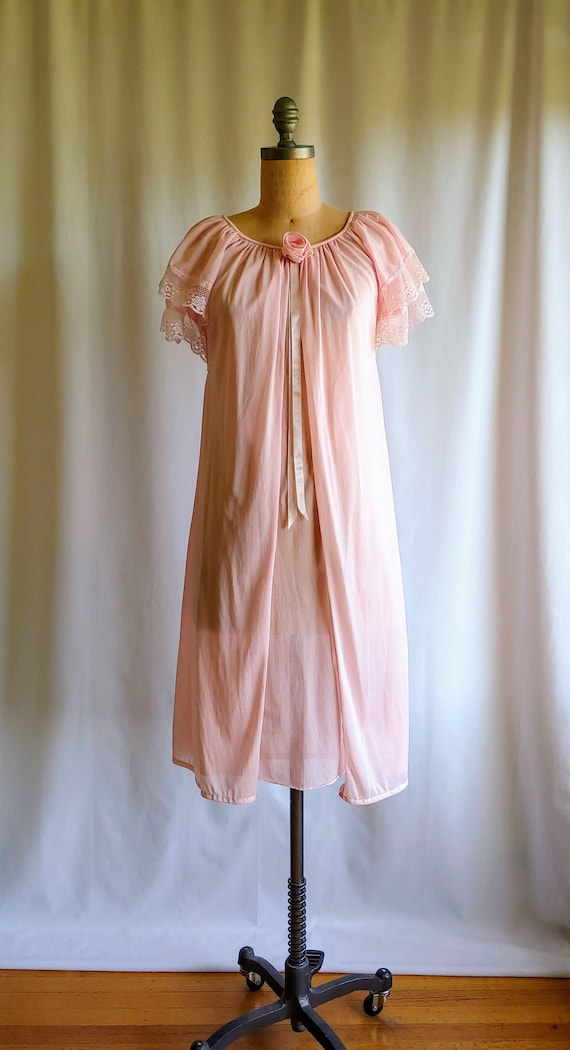 50s 60s Sheer Roses Nightgown - Bridal Peignoir -
