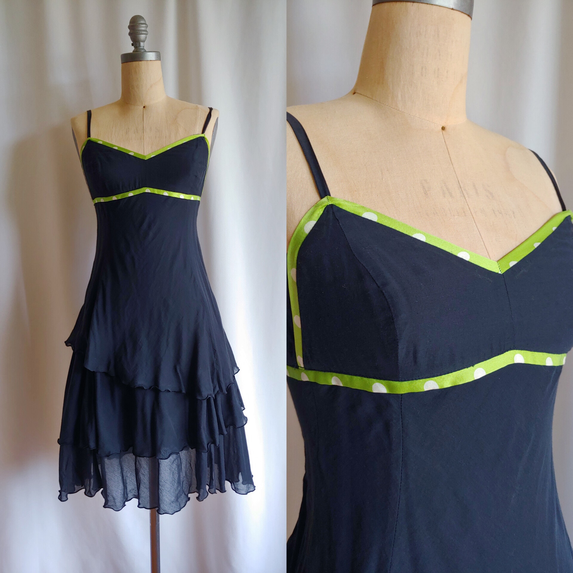 Vintage Y2K iKiTo French strappy black dress ruffles silk and cotton small