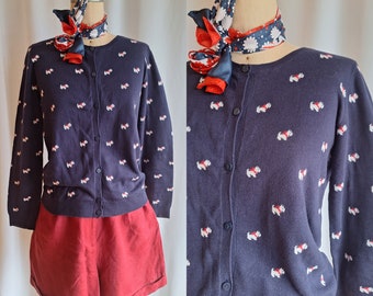 Cotton Scottie dog cardigan sweater navy blue medium