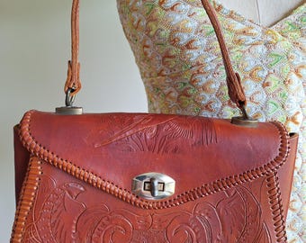 1940s Mexican tooled leather purse top handle crane bird rust burgundy brown  handbag