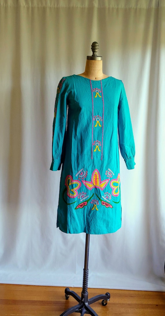60s neon handwoven Flax Shift Wool Embroidery Mexi