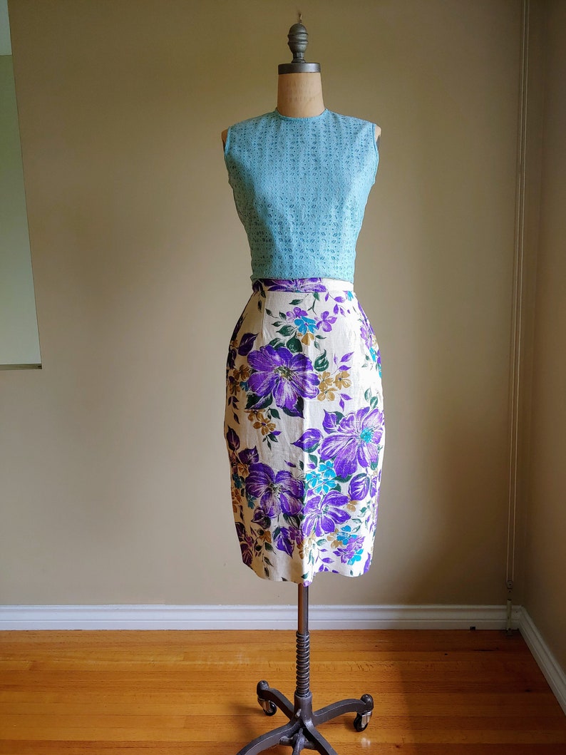 60s Barry Sherrard London Floral Linen Skirt 24-25 inch waist Tropical Hawaiian Clothing 50s Pencil Skirt Pin Up Rockabilly