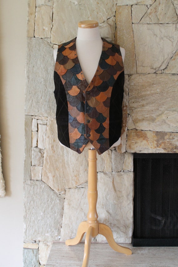70s Motorcycle Vest, Chest 40 inches, 70s Leather Vest, Scalloped Patchwork Waistcoat