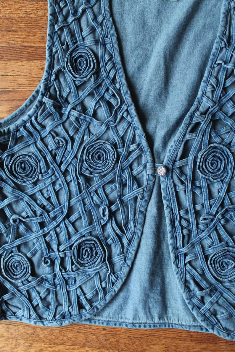 Woven Denim Vest Interlacing denim strips Lace Denim Vest Pewter Button Medium