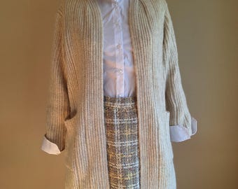Vintage 1970s mohair longline cardigan sweater coat cream minimalist small