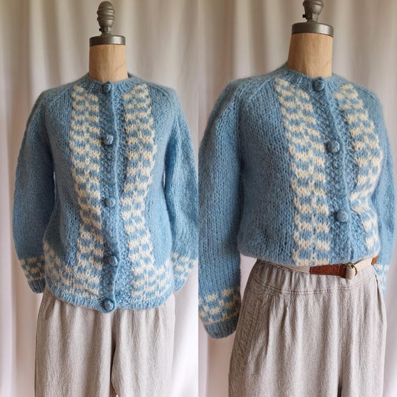 60s Baby Blue Checkerboard Checked Gingham Cream Mohair Cardigan 