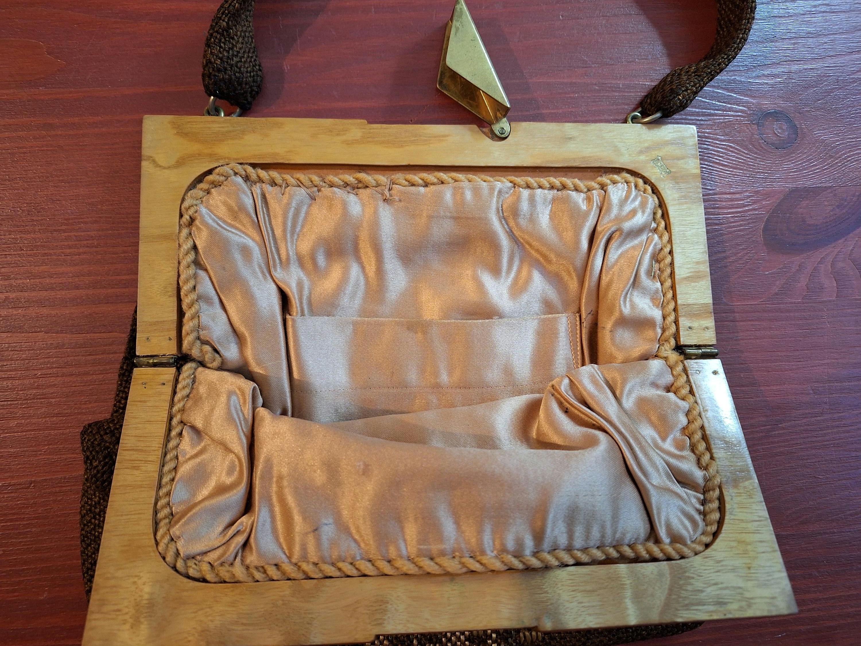 VINTAGE 1930s 40s ART DECO Hand Woven Brown Wool Cloth Hand Bag