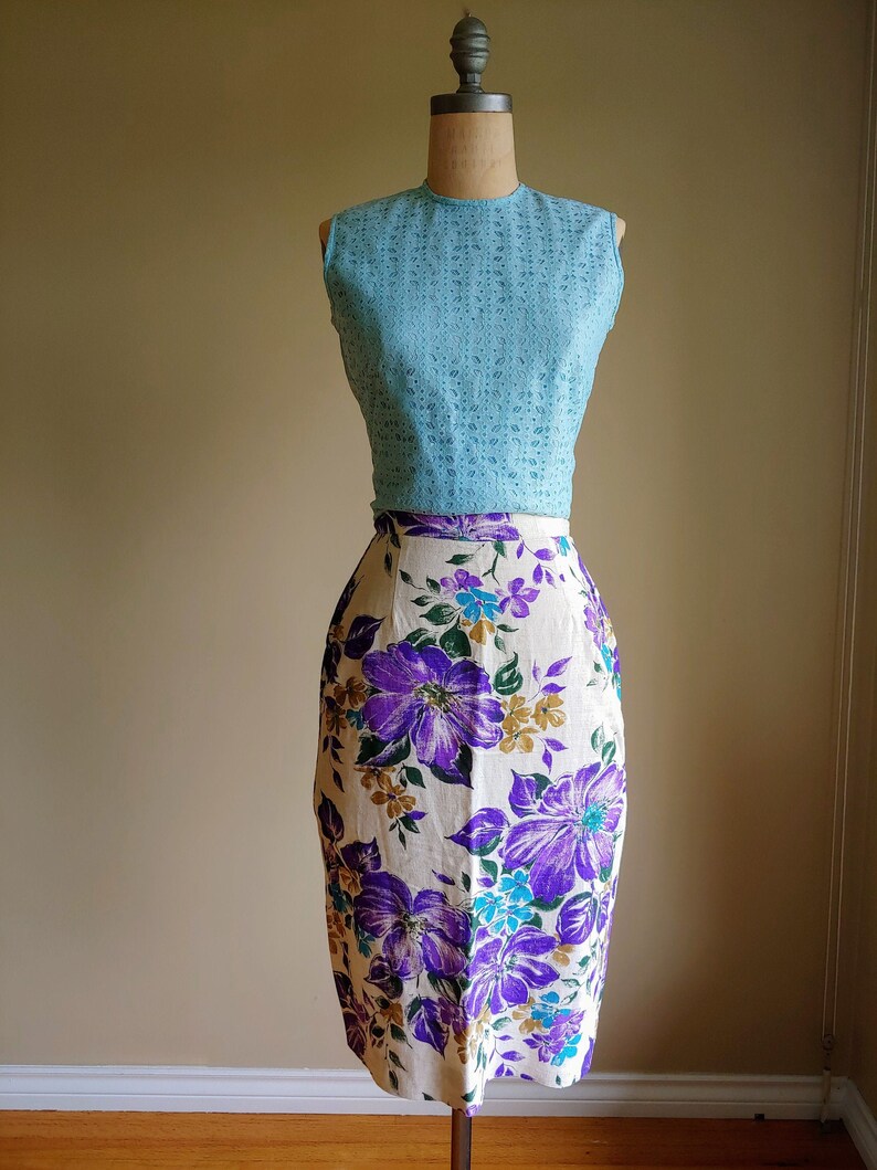 60s Barry Sherrard London Floral Linen Skirt 24-25 inch waist Tropical Hawaiian Clothing 50s Pencil Skirt Pin Up Rockabilly