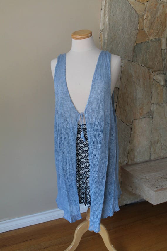70s Artisan Sheer Long Crocheted Vest, Japanese Vi