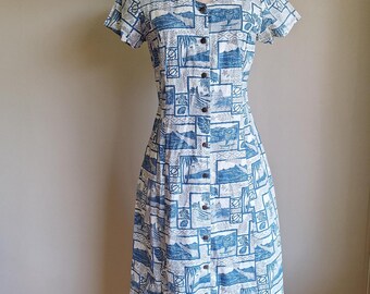 90s Hilo Hattie Hawaiian cotton tiki hawaiicore midi dress rare nut button front medium