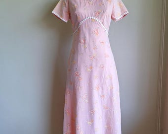 Vintage 70s floral flocked organza organdy cottagecore peach prairie barbiecore maxi prom dress medium