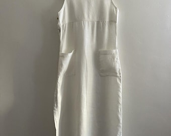 90s White Linen minimalist Dress Abercrombie & Fitch midi Shell Button Detail (Size Small) RARE