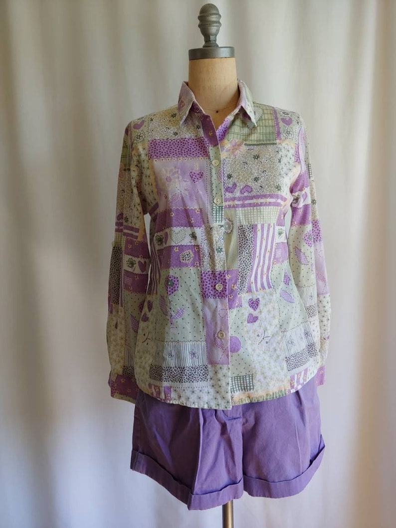 Koszula vintage z lat 70. w stylu patchworku, fioletowy cottagecore, kawaii, gobelin, kwiaty, mała zdjęcie 5