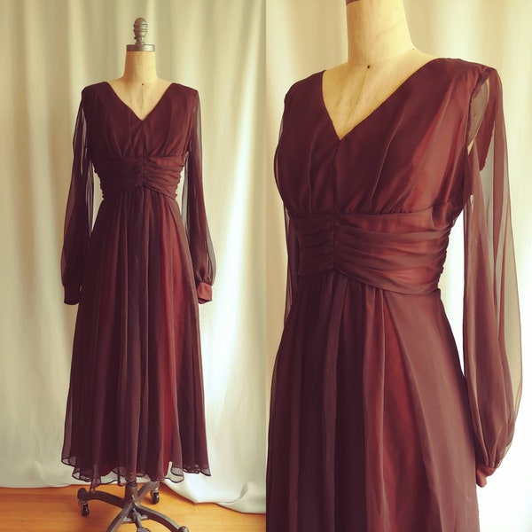 70s sheer empire chiffon gown floor length Edwardian influencer bridal party  chocolate brown rust lining gathered bodice medium