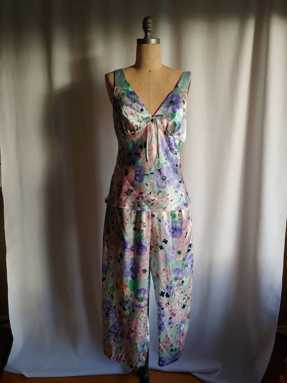 Vintage Jones New York Silky Tropical Floral Pajamas 30s Style Flowy  Camisole Top Elastic Waist Medium -  Canada