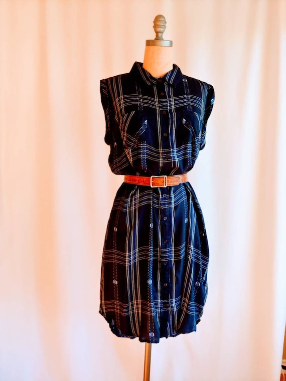 Woven shirtdress pockets night sky blue plaid pock