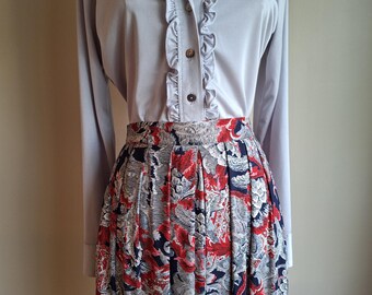 Jaren 70 Edwardiaanse romantische Victoriaanse zijdezachte zilvergrijze blouse met ruches Sport Couture medium large
