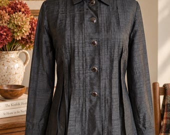 Black raw silk shirt pleated gold rimmed dome buttons Margareta evening classic small medium