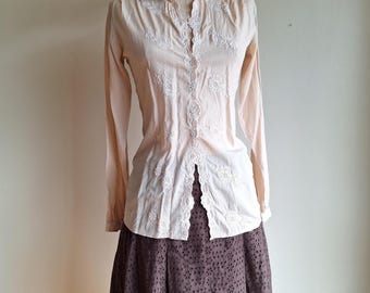 70s St Tropez silk shirt embroidered shell buttons fitted xs