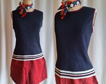 Silk sleeveless ribbed tank top navy blue red and white trim