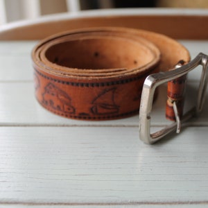 60s Tooled Leather Belt, IBIZA Belt, Spanish Island, Engraved Leather Belt, Brown Leather Belt with Silver Buckle 20 to 28 inch waist